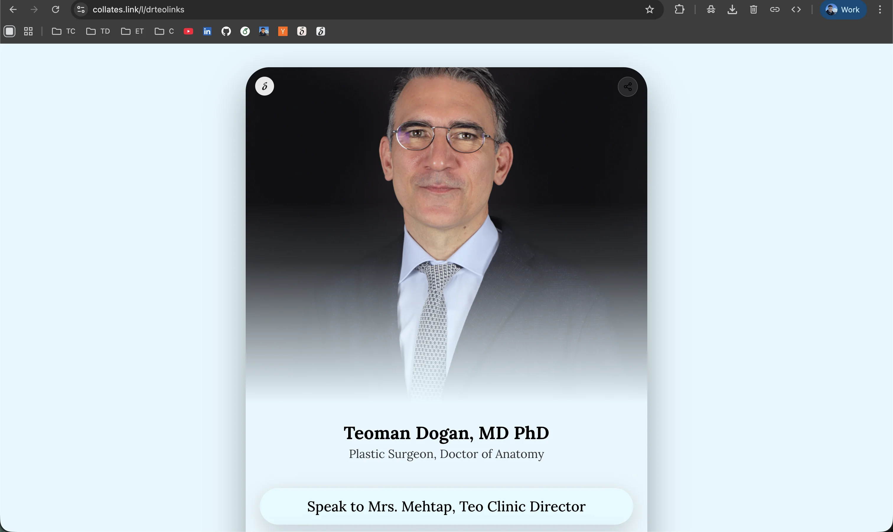 Dr. Teoman Dogan's Collate powered links page showing profile and consultation booking