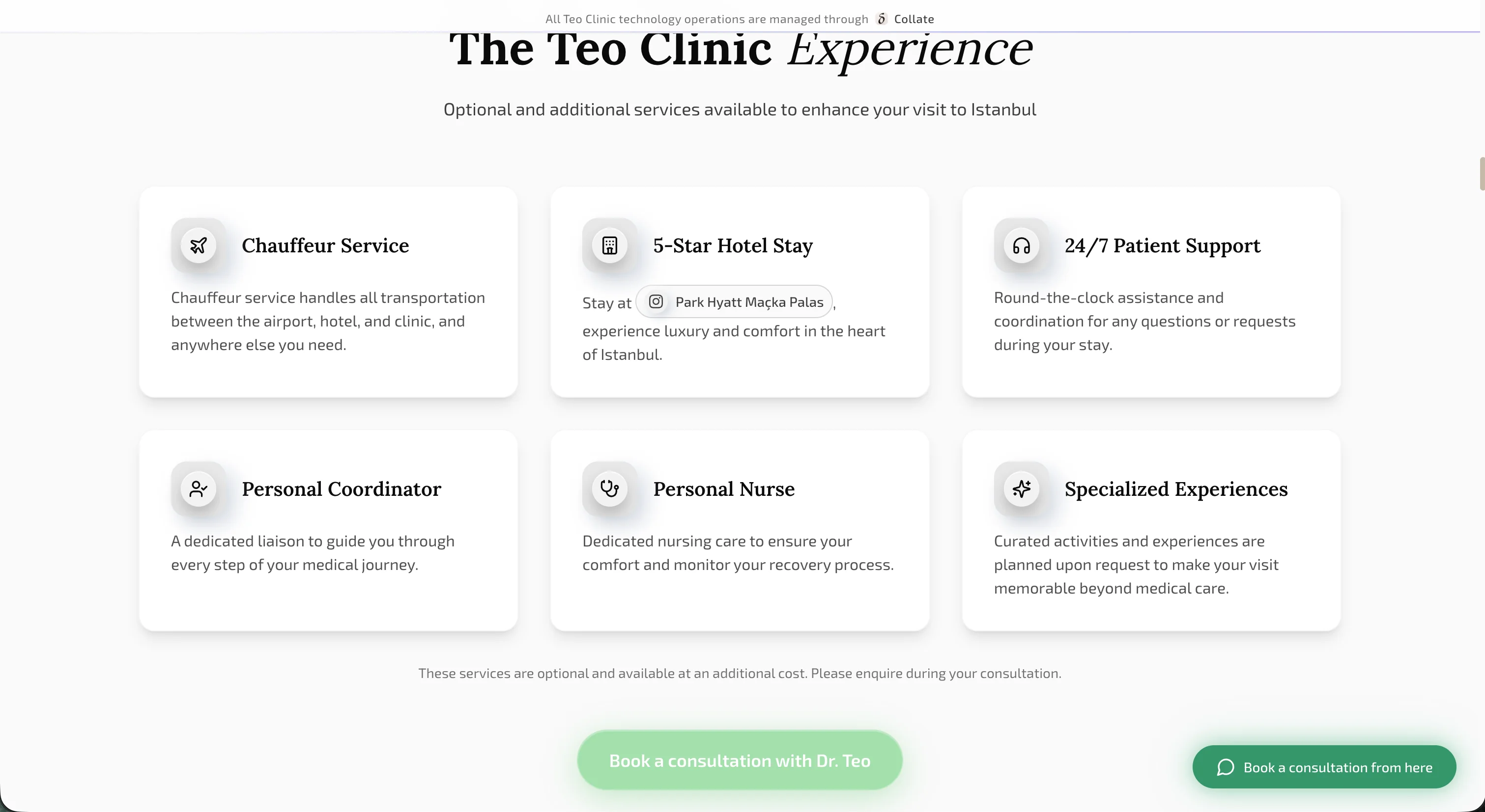 Teo Clinic Experience section showing premium services including chauffeur service, 5-star hotel stay, and 24/7 patient support