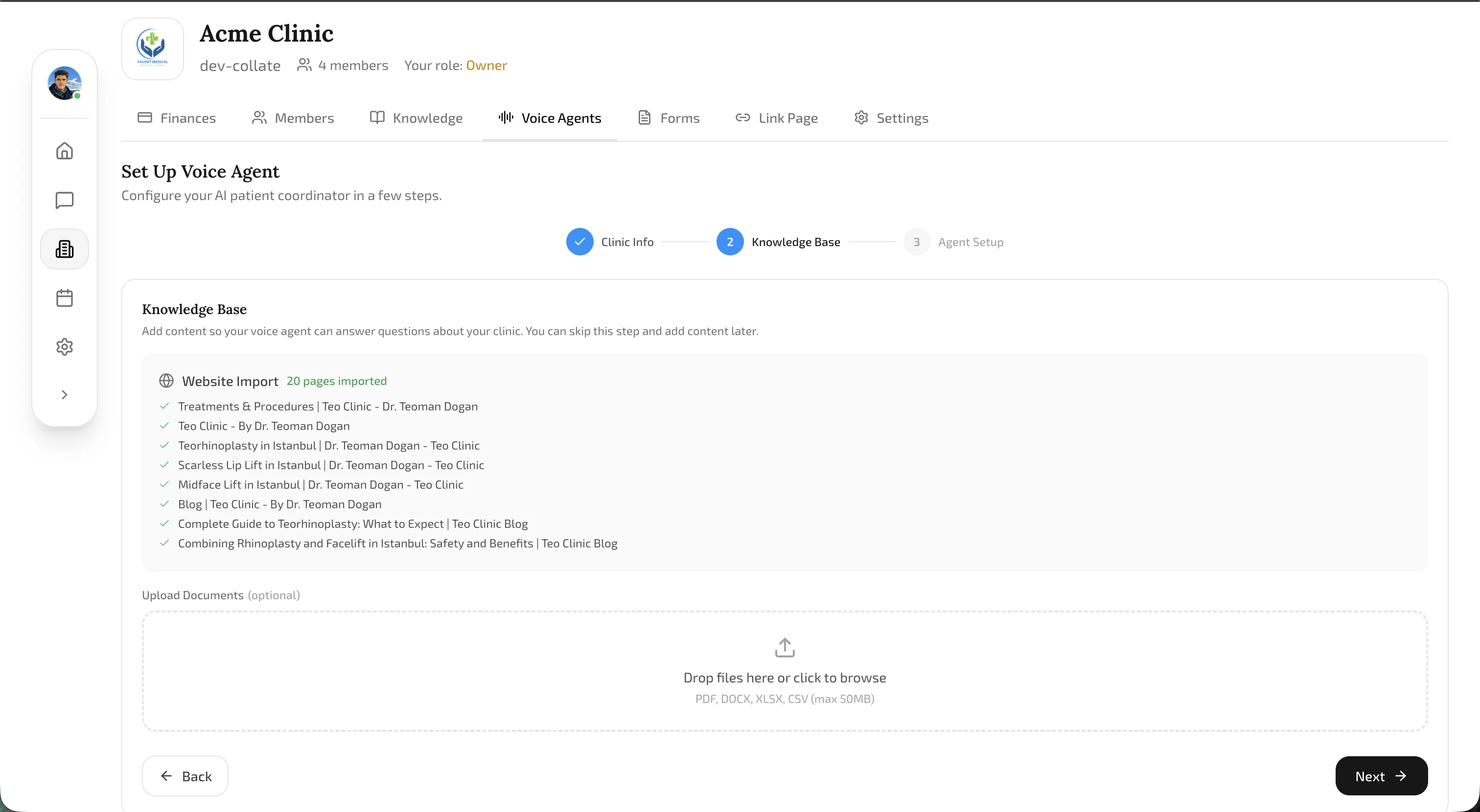 Voice Agent Onboarding Wizard showing 20 pages successfully imported from the website