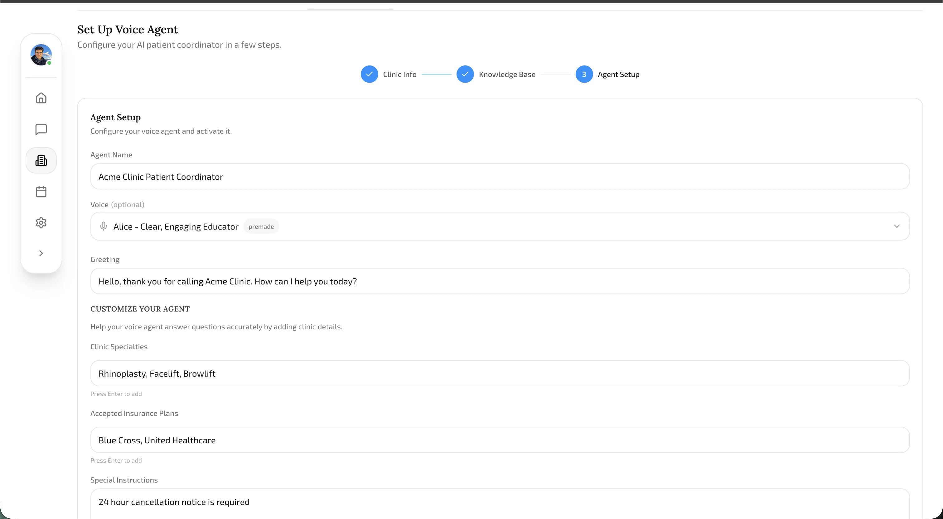 Voice Agent Onboarding Wizard showing the additional data entry form with agent name, voice, greeting, and specialties