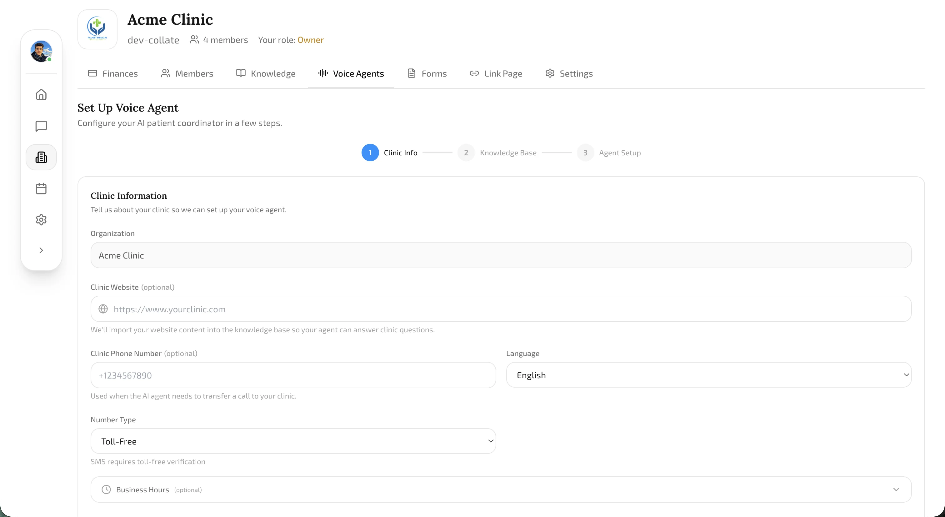 Voice Agent Onboarding Wizard Step 1 showing the clinic information form with website URL field